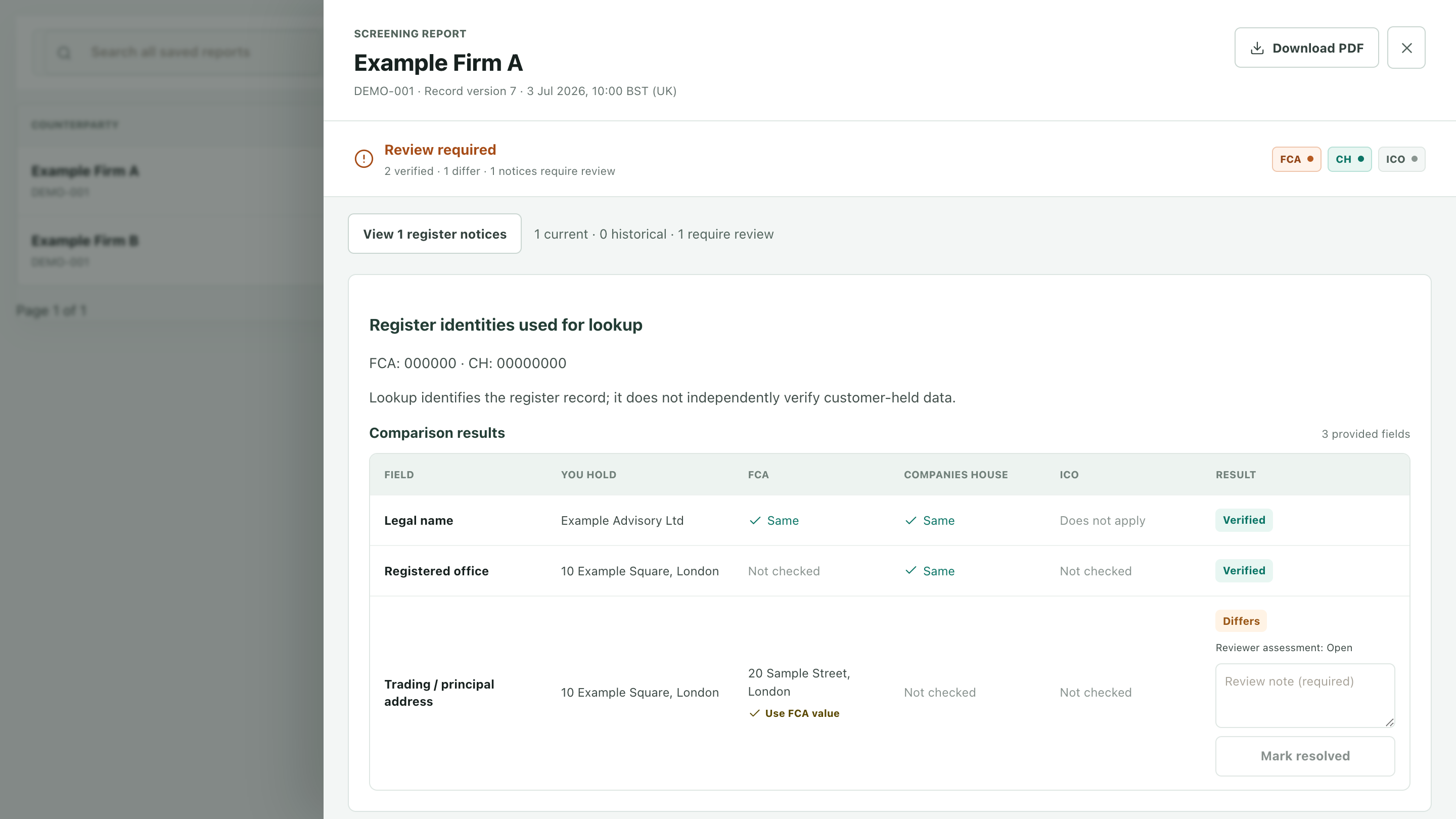RegScreener report-review interface using fictional Example Advisory Ltd data: register comparisons, a highlighted address difference and a reviewer note field.